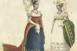 Duas mulheres vestidas como na época de 1824. Imagem de Debret.