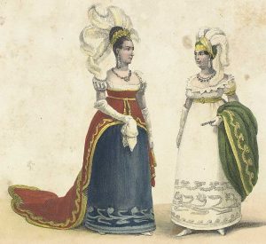 Duas mulheres vestidas como na época de 1824. Imagem de Debret.