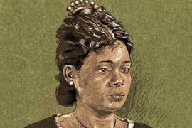 Desenho de uma mulher megra com cabelos presos e elegante penteado. Representa a escritora Maria Firmina dos Reis