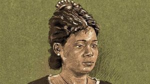 Desenho de uma mulher megra com cabelos presos e elegante penteado. Representa a escritora Maria Firmina dos Reis