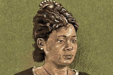 Desenho de uma mulher megra com cabelos presos e elegante penteado. Representa a escritora Maria Firmina dos Reis