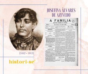 A imagem mostra um desenho do rosto de Josefina e uma página de seu jornal "A Família"