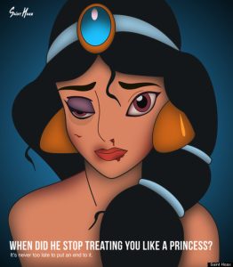 Jasmine, princesa da Disney, representada como vítima de violência doméstica